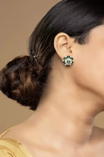 Gold plated green stone stud earrings in sterling silver