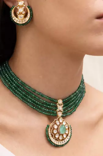 Gold plated green stone kundan necklace set
