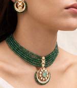 Gold plated green stone kundan necklace set