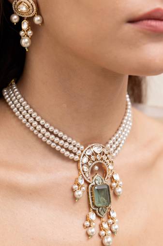 Gold plated green stone kundan  necklace set