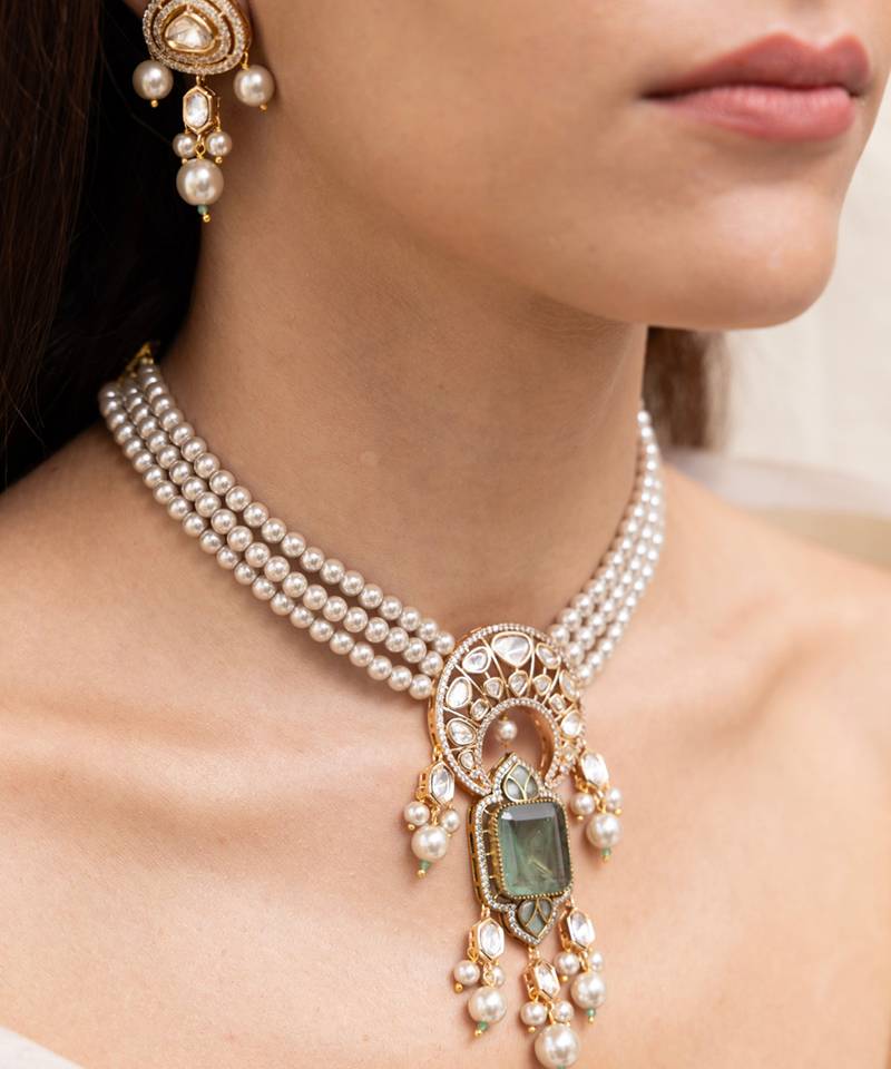 Gold plated green stone kundan  necklace set