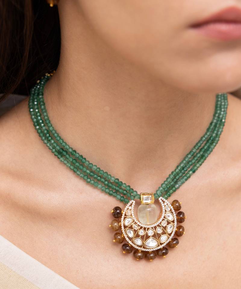 Gold plated green stone kundan necklace set