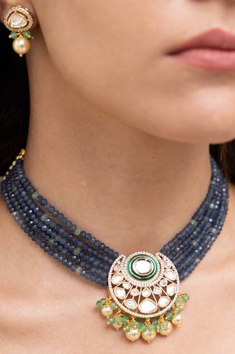 Gold plated blue stone kundan necklace set