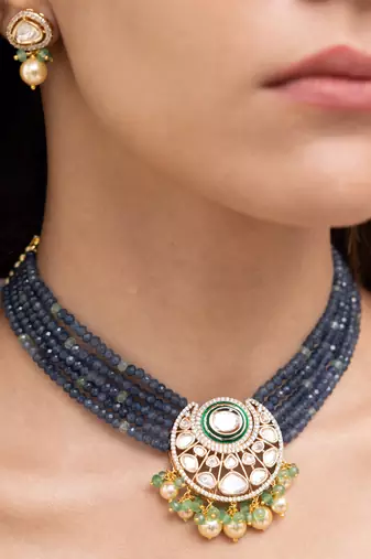 Gold plated blue stone kundan necklace set
