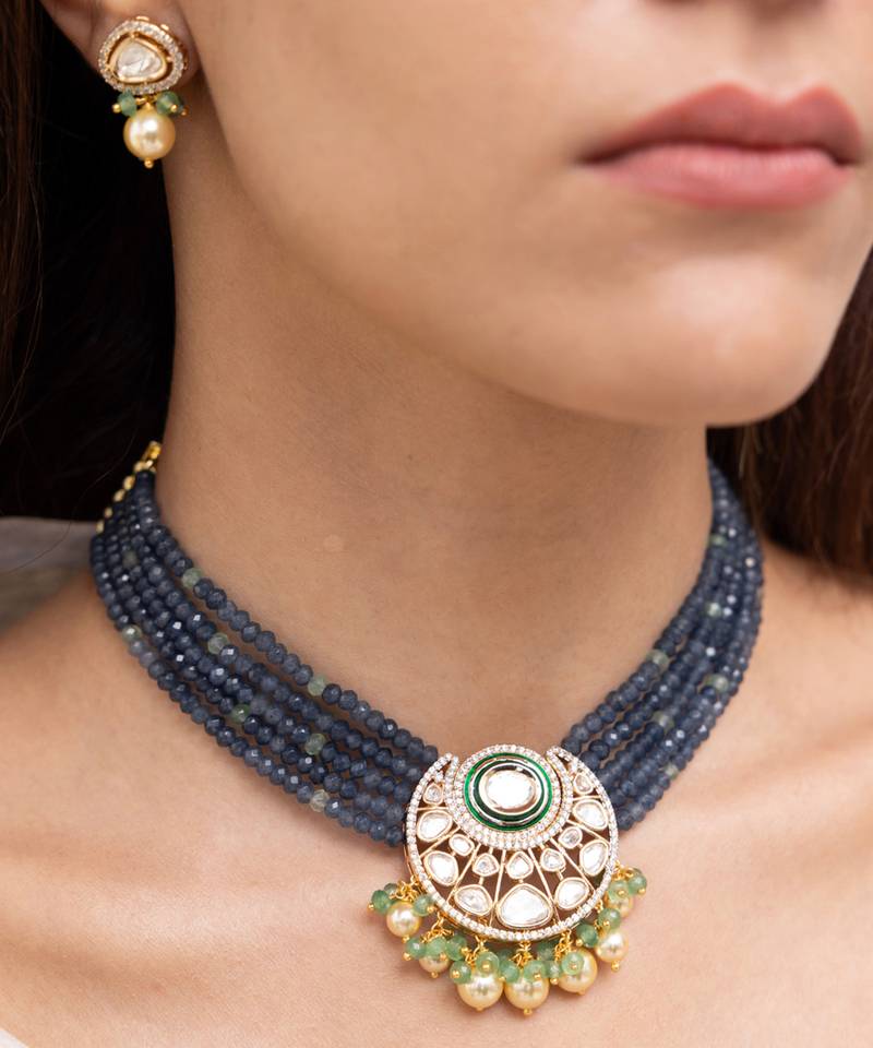 Gold plated blue stone kundan necklace set