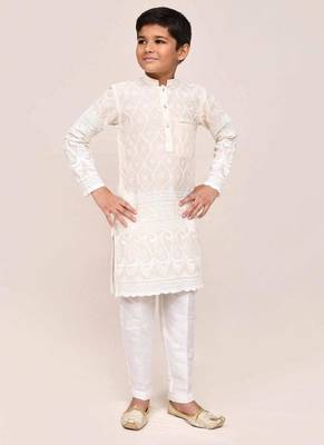 Kids boy cream cotton based with thread & sequence work straight kurta pant set 1
