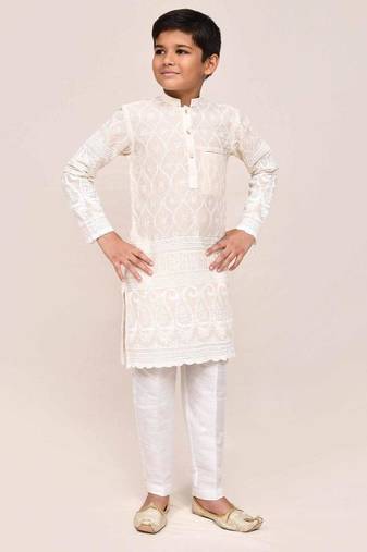 Kids boy cream cotton based with thread & sequence work straight kurta pant set