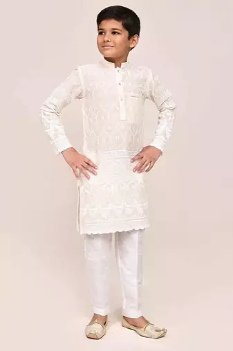 Kids boy cream cotton based with thread & sequence work straight kurta pant set