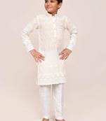 Kids boy cream cotton based with thread & sequence work straight kurta pant set