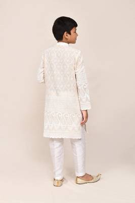 Kids boy cream cotton based with thread & sequence work straight kurta pant set 2