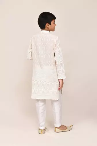 Kids boy cream cotton based with thread & sequence work straight kurta pant set
