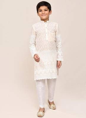 Kids boy cream cotton based with thread & sequence work straight kurta pant set 3
