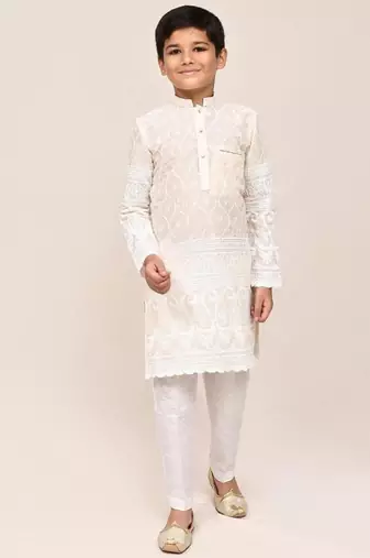 Kids boy cream cotton based with thread & sequence work straight kurta pant set