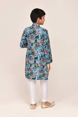 Kids boy blue cotton linen  straight kurta pant set 2