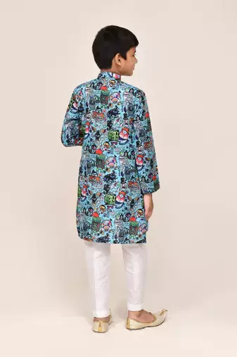 Kids boy blue cotton linen  straight kurta pant set