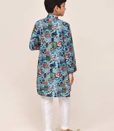 Kids boy blue cotton linen   straight kurta pant set