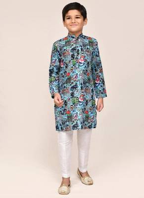 Kids boy blue cotton linen  straight kurta pant set 1