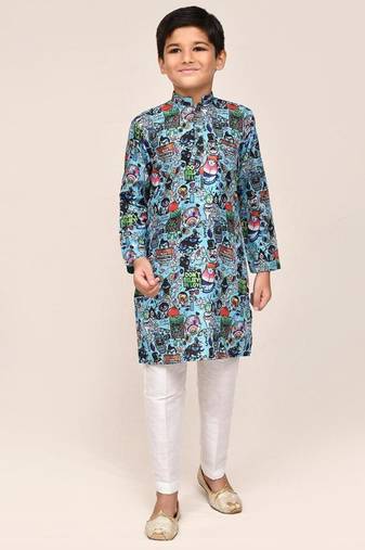 Kids boy blue cotton linen   straight kurta pant set