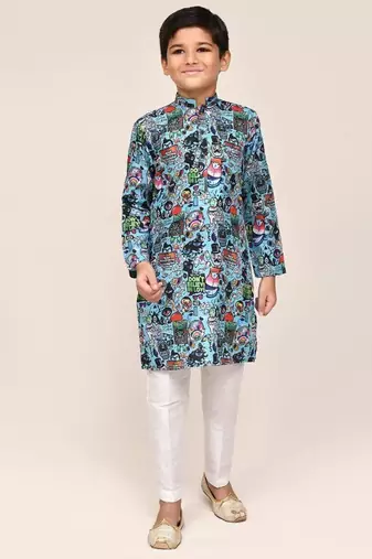 Kids boy blue cotton linen   straight kurta pant set