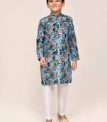 Kids boy blue cotton linen   straight kurta pant set