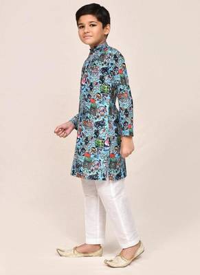 Kids boy blue cotton linen  straight kurta pant set 3