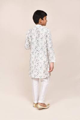 Kids boy white cotton based full thread work straight kurta pant set 1