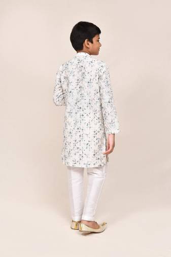 Kids boy white cotton based full thread work straight kurta pant set