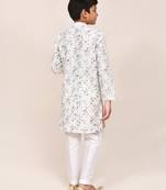 Kids boy white cotton based full thread work straight kurta pant set