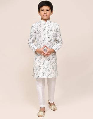 Kids boy white cotton based full thread work straight kurta pant set 2