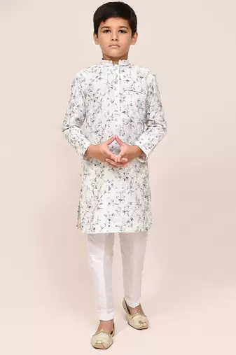 Kids boy white cotton based full thread work straight kurta pant set