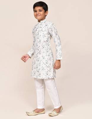 Kids boy white cotton based full thread work straight kurta pant set 3