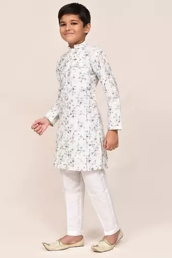 Kids boy white cotton based full thread work straight kurta pant set