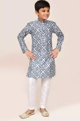 Kids boy navy blue silk blend straight kurta pant set