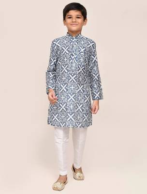 Kids boy navy blue silk blend straight kurta pant set 3