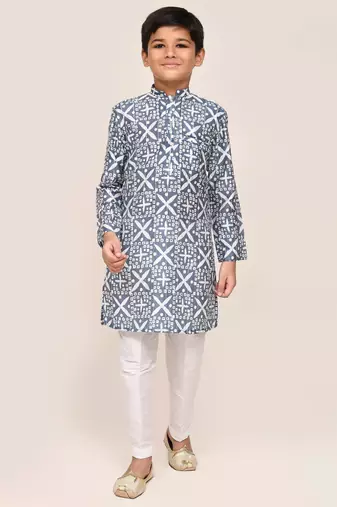 Kids boy navy blue silk blend straight kurta pant set