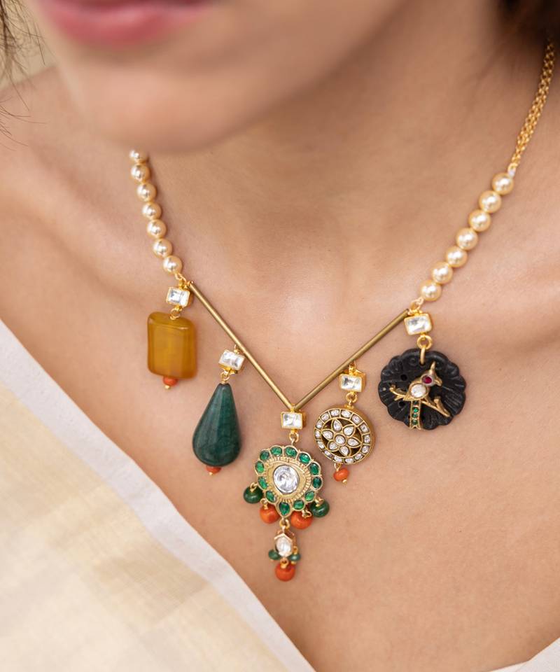 Gold plated multicolor stone necklace