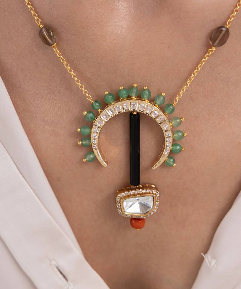 Gold plated green stone necklace