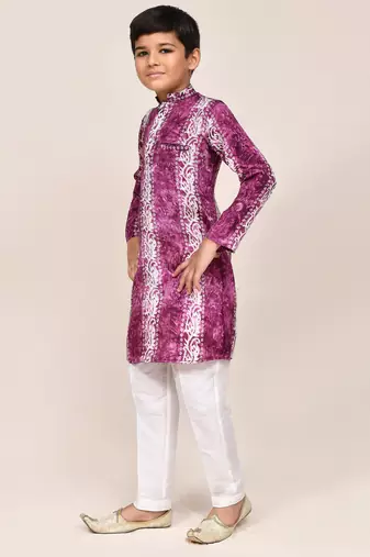 Kids boy purple silk blend straight kurta pant set