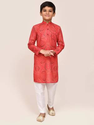 Kids boy red cotton straight kurta pant set 1