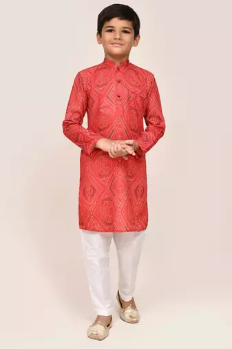 Kids boy red cotton straight kurta pant set