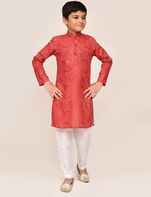 Kids boy red cotton straight kurta pant set 2