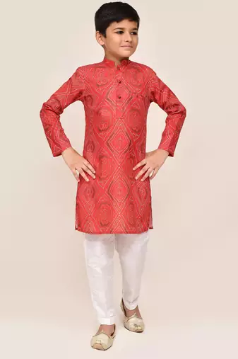 Kids boy red cotton straight kurta pant set