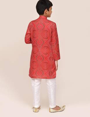 Kids boy red cotton straight kurta pant set 3