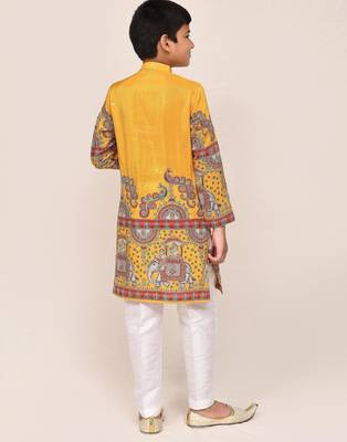 Kids boy yellow silk blend straight kurta pant set 2