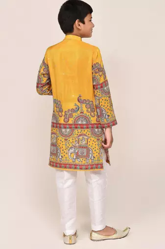 Kids boy yellow silk blend straight kurta pant set