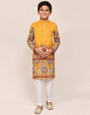 Kids boy yellow silk blend straight kurta pant set 1
