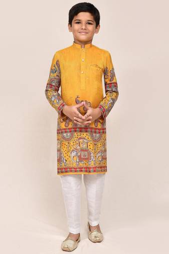 Kids boy yellow silk straight kurta pant set