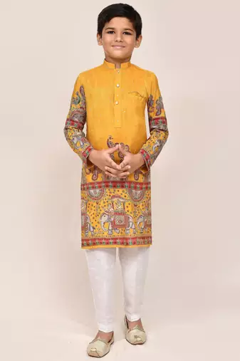 Kids boy yellow silk straight kurta pant set