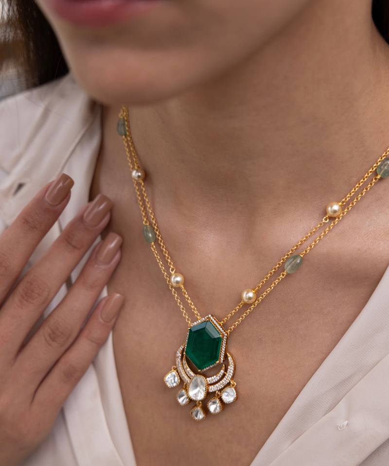 Gold plated green stone necklace