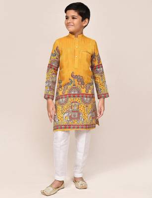 Kids boy yellow silk blend straight kurta pant set 3